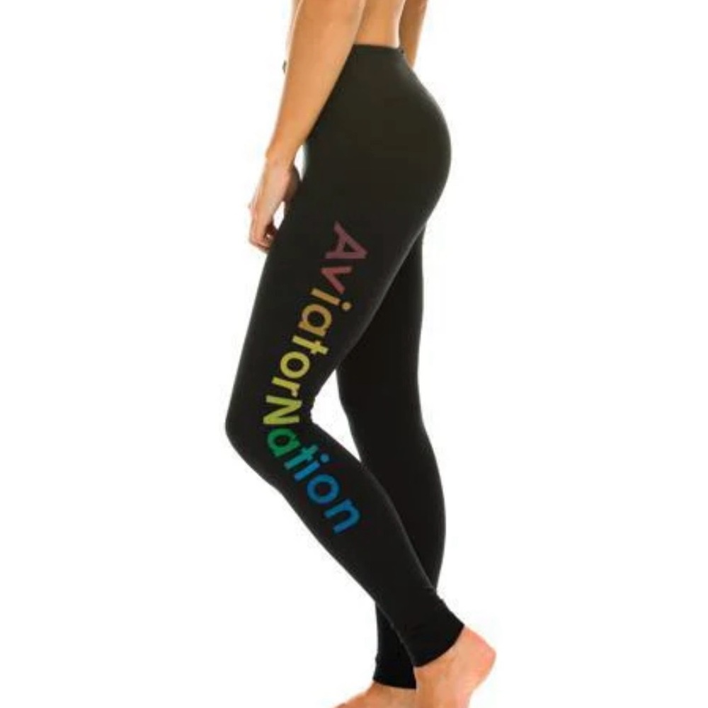 Aviator Nation Black Leggings with Rainbow Logo